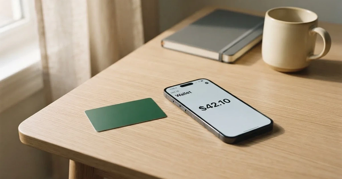 A payment card next to a phone with a crypto wallet app open