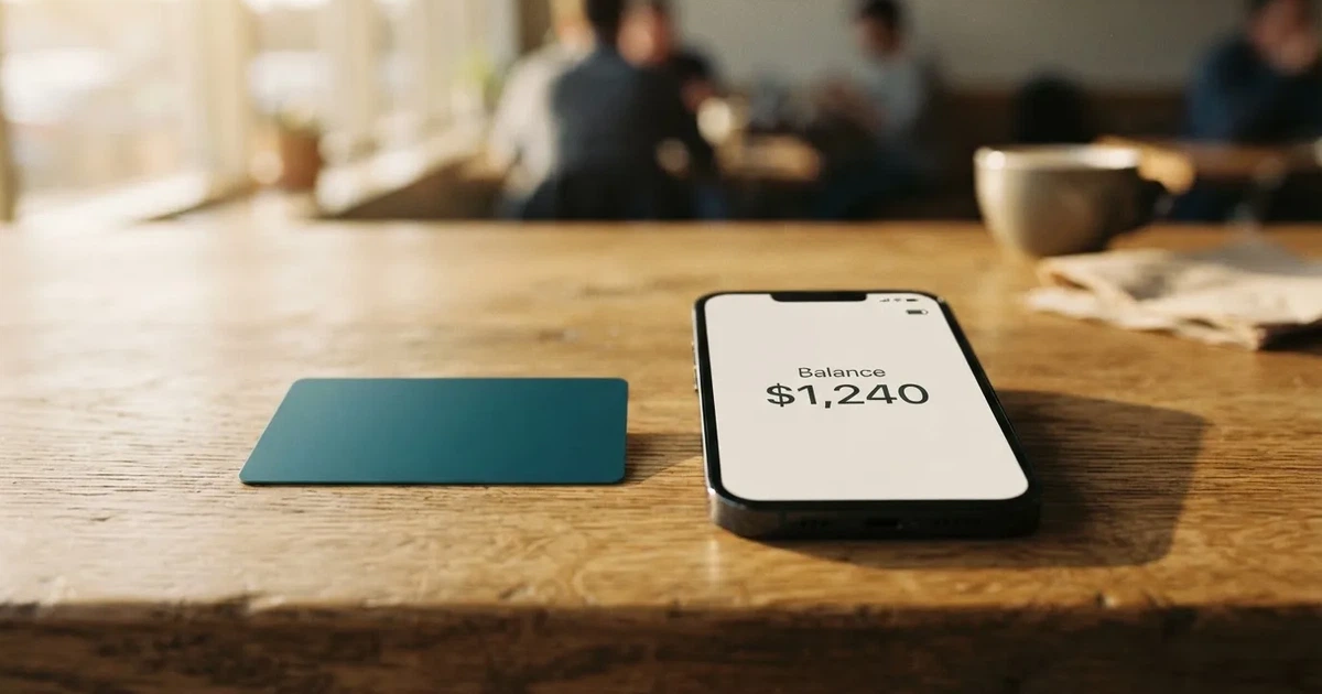 A payment card next to a phone with a crypto wallet app open