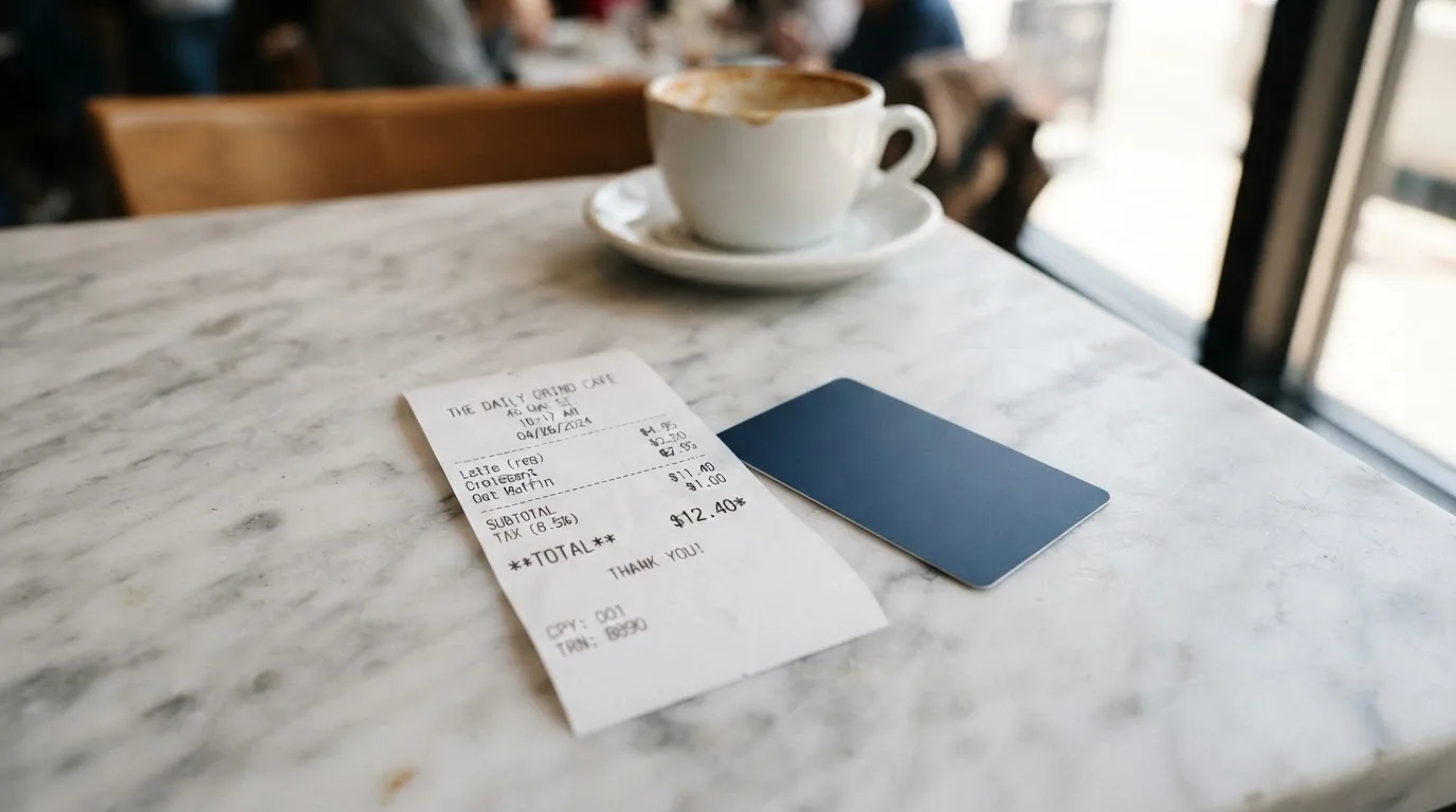 A receipt and a card on a café table