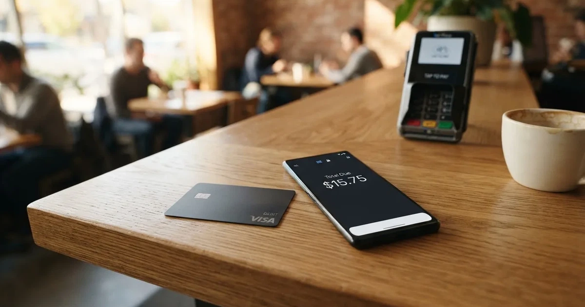 A payment card next to a phone with a crypto wallet app open