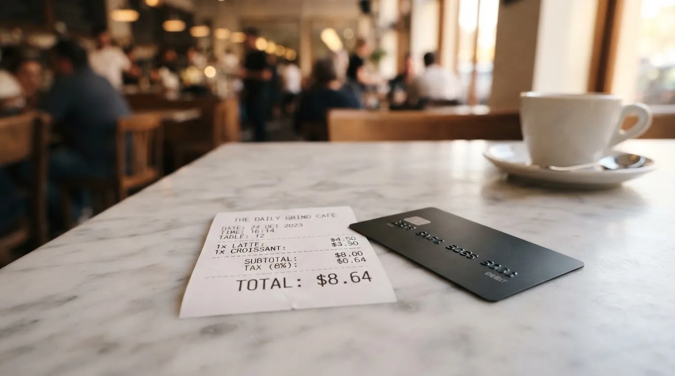 A receipt and a card on a café table