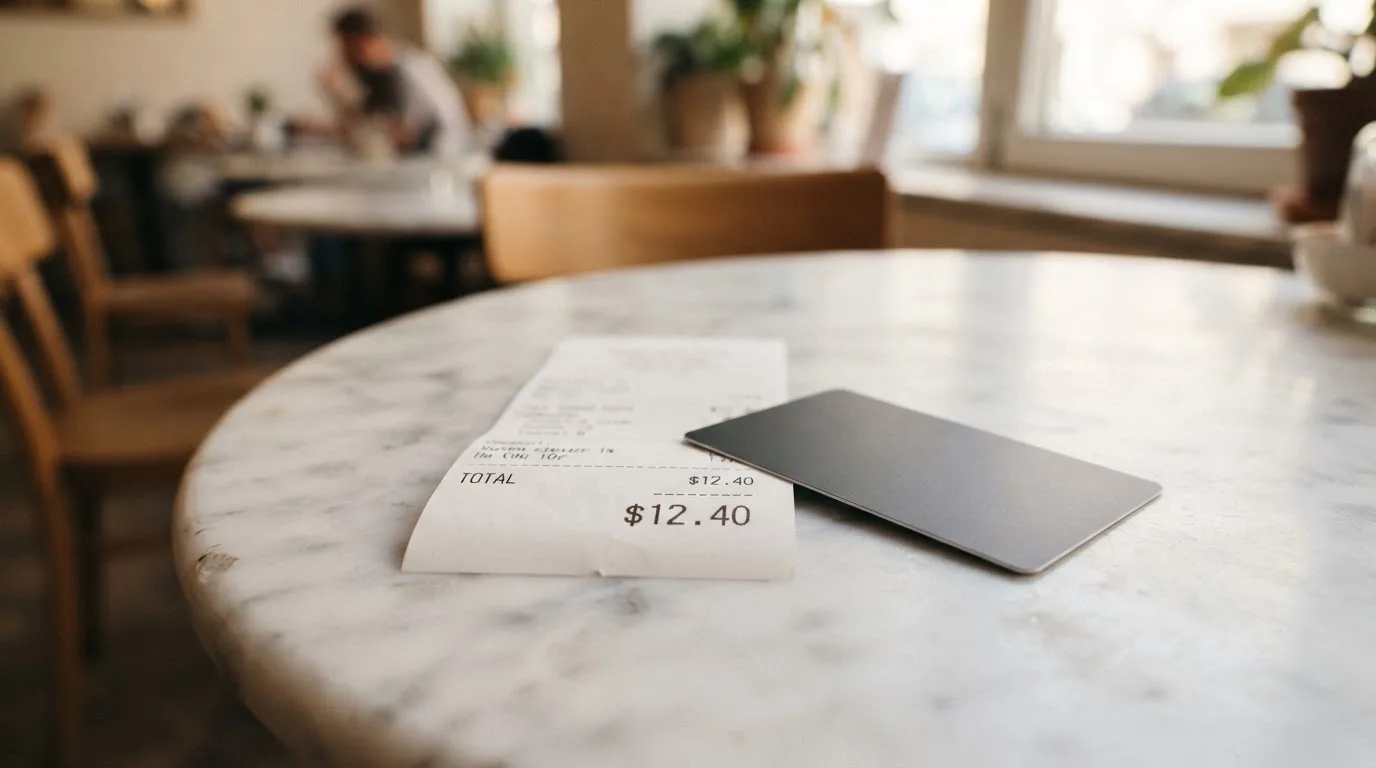 A receipt and a card on a café table