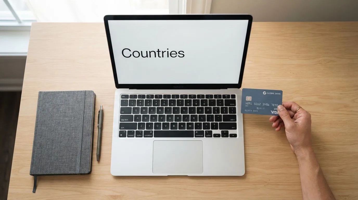 A person comparing two payment cards at a desk with a laptop