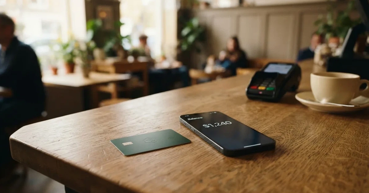 A payment card next to a phone with a crypto wallet app open