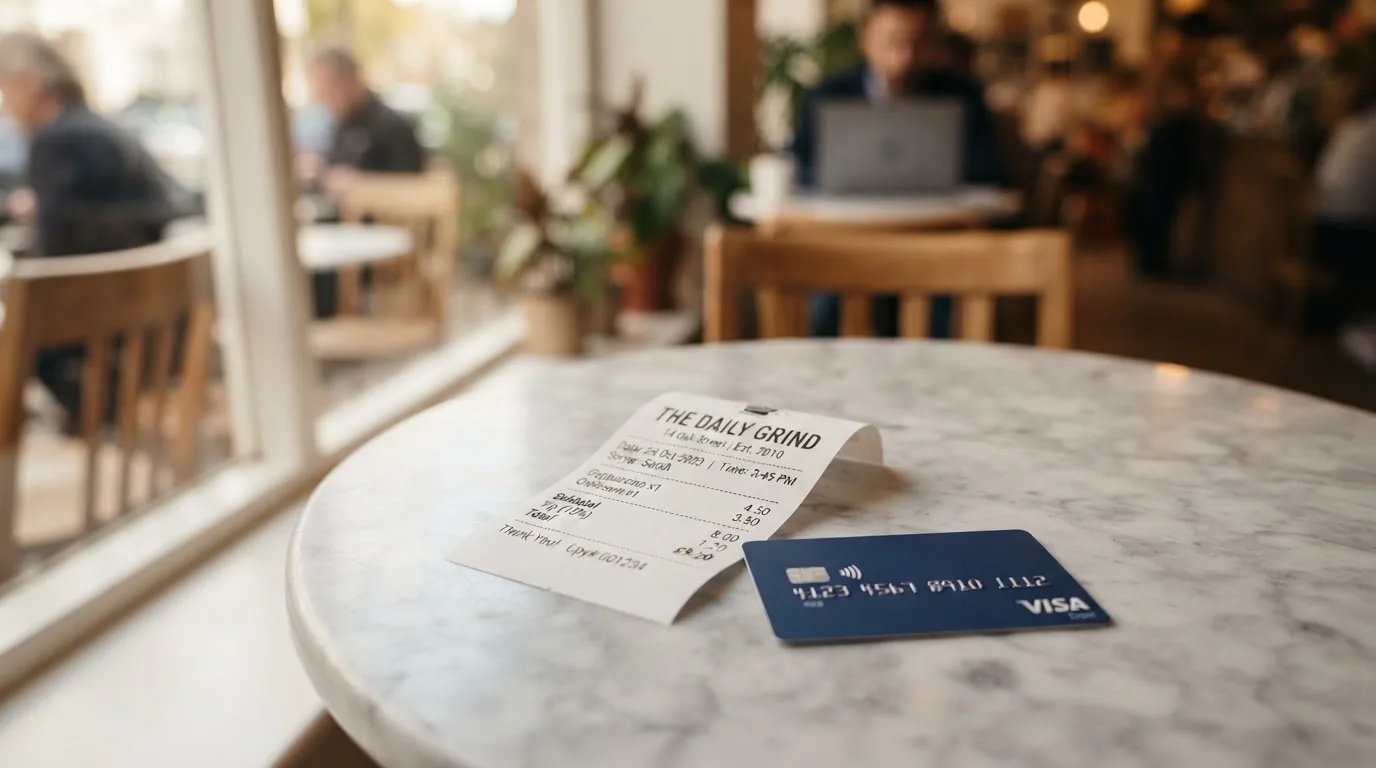 A receipt and a card on a café table