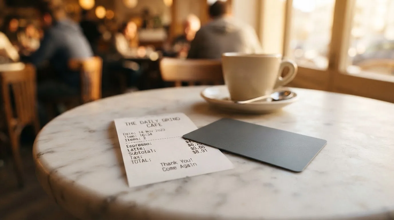 A receipt and a card on a café table