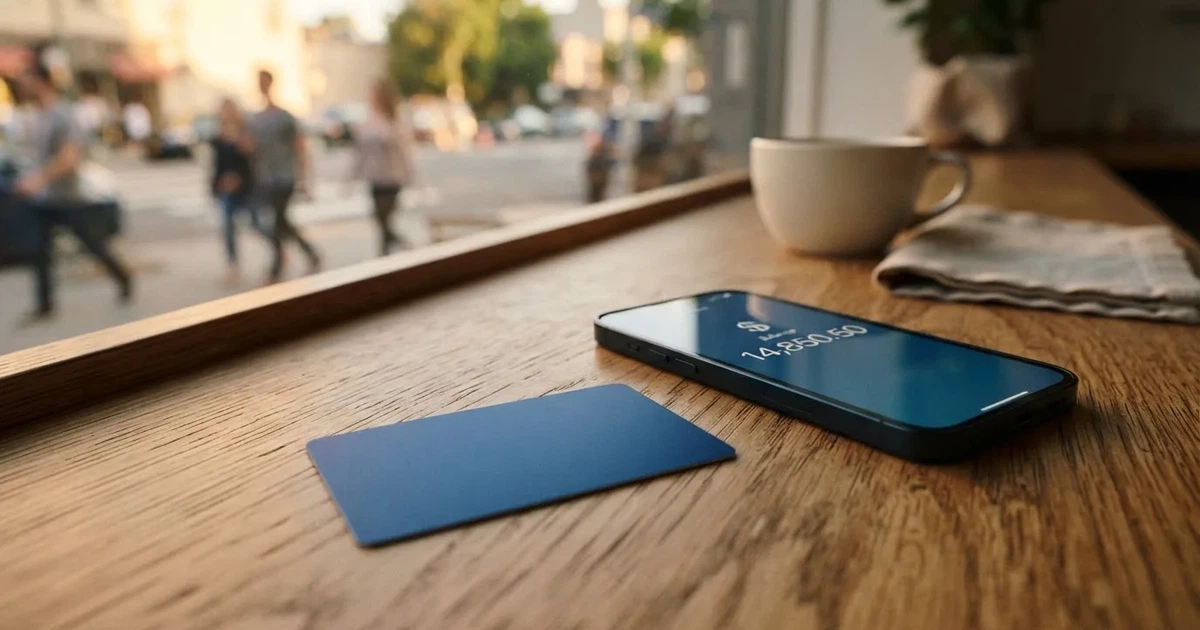 A payment card next to a phone with a crypto wallet app open