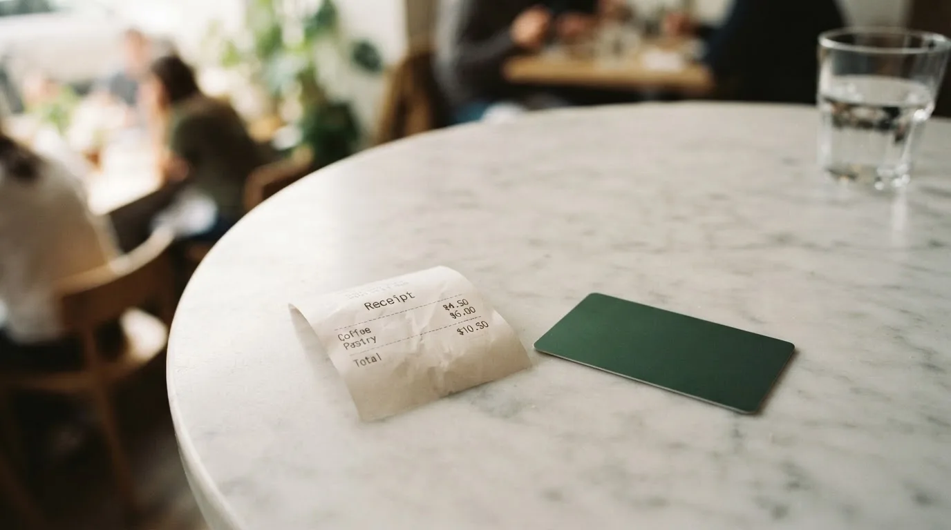 A receipt and a card on a café table