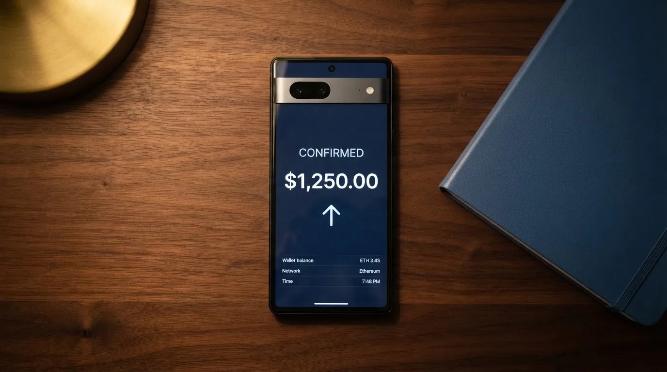 A phone showing a stablecoin transfer screen