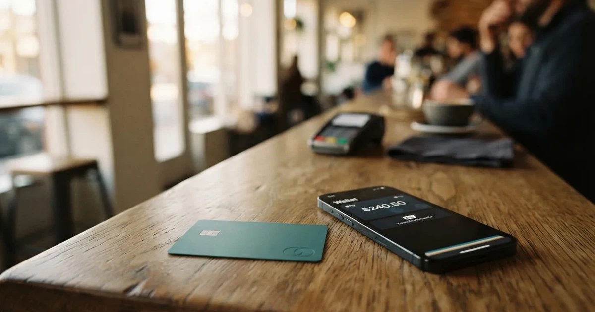 A payment card next to a phone with a crypto wallet app open