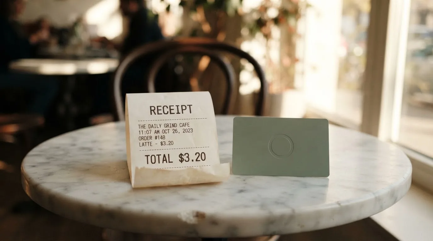 A receipt and a card on a café table
