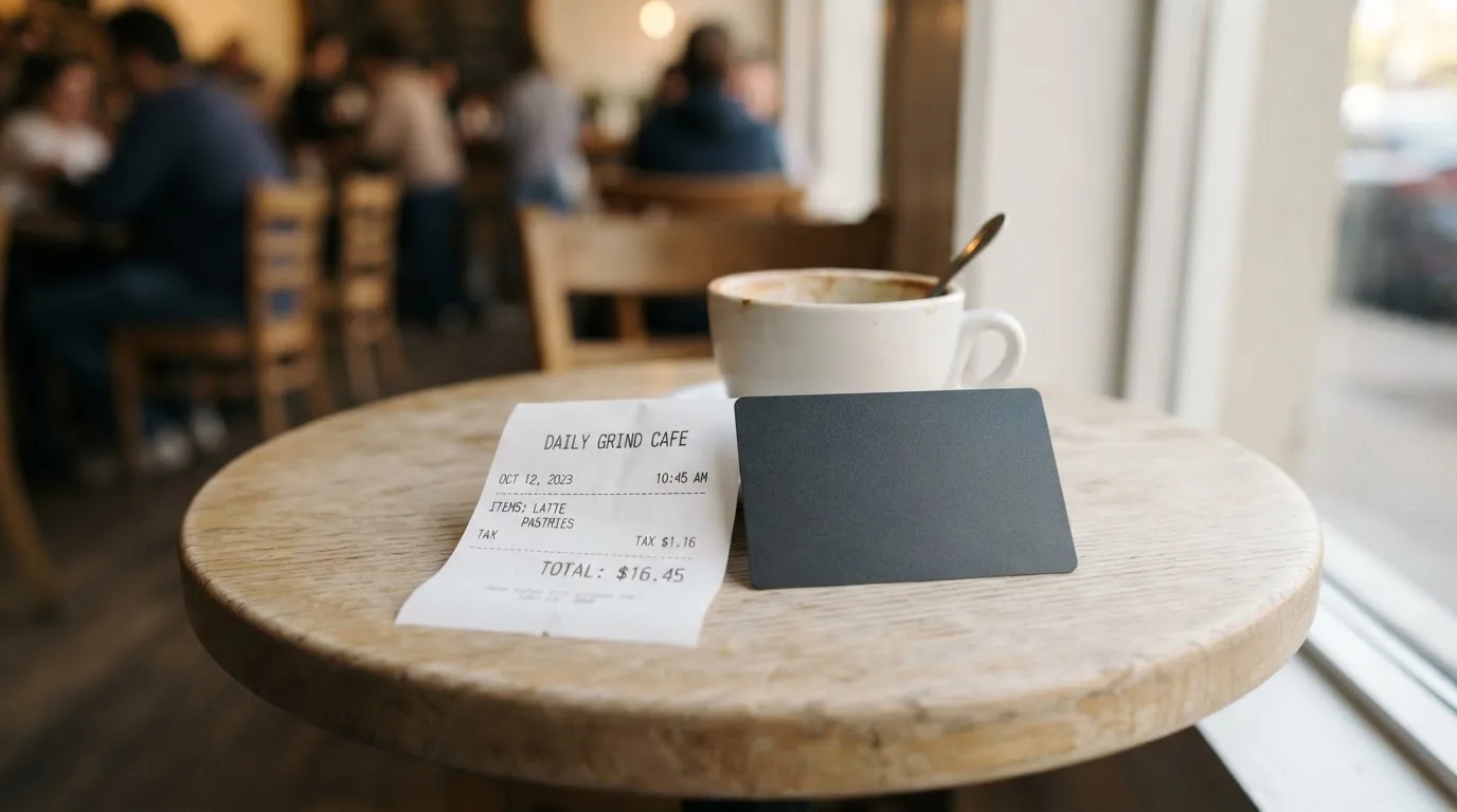 A receipt and a card on a café table
