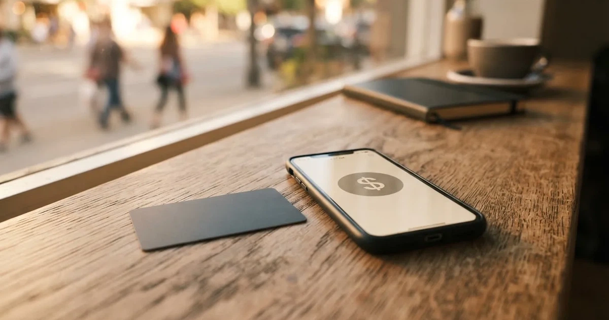 A payment card next to a phone with a crypto wallet app open