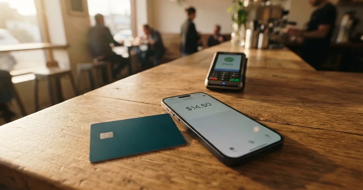A payment card next to a phone with a crypto wallet app open