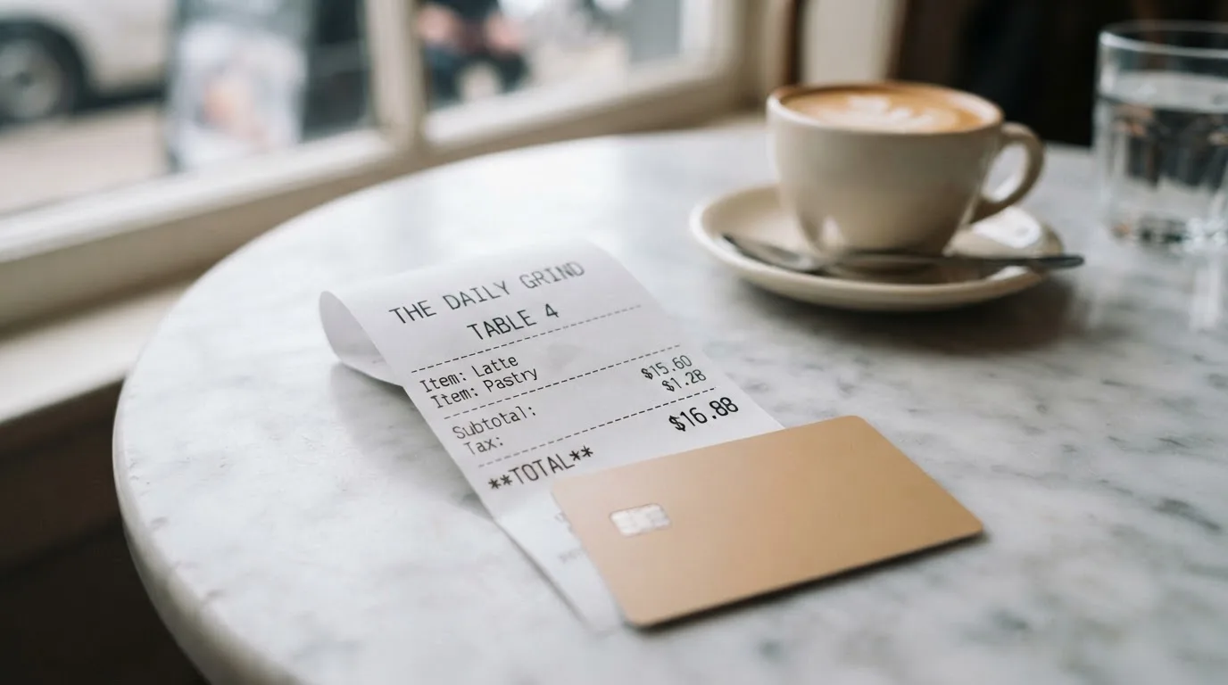 A receipt and a card on a café table