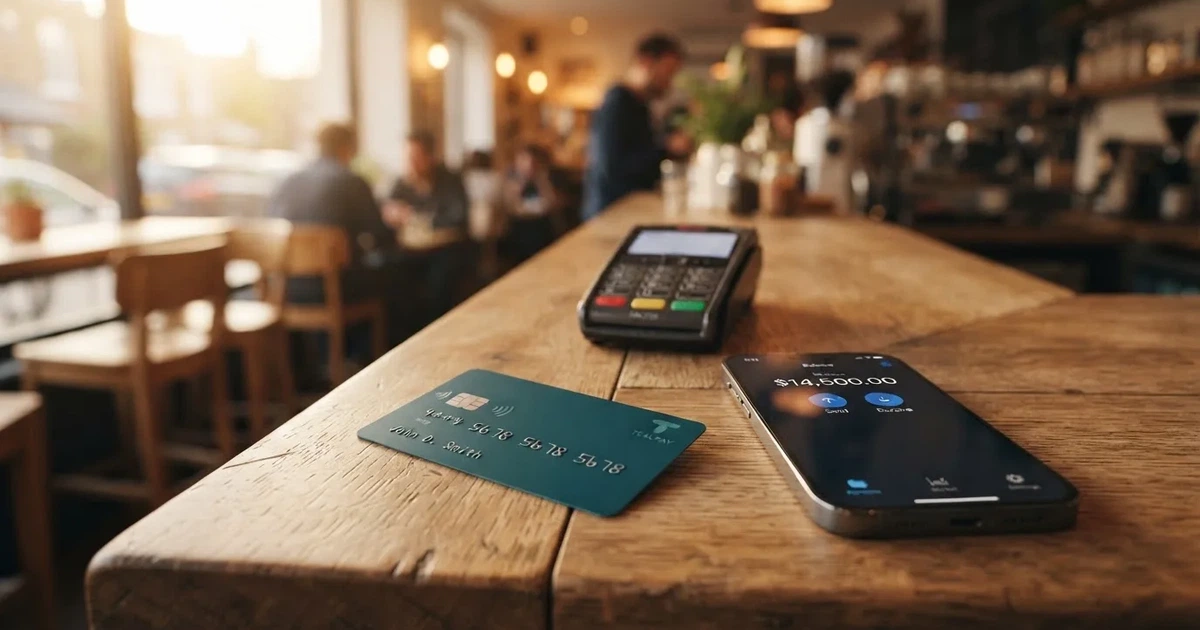 A payment card next to a phone with a crypto wallet app open