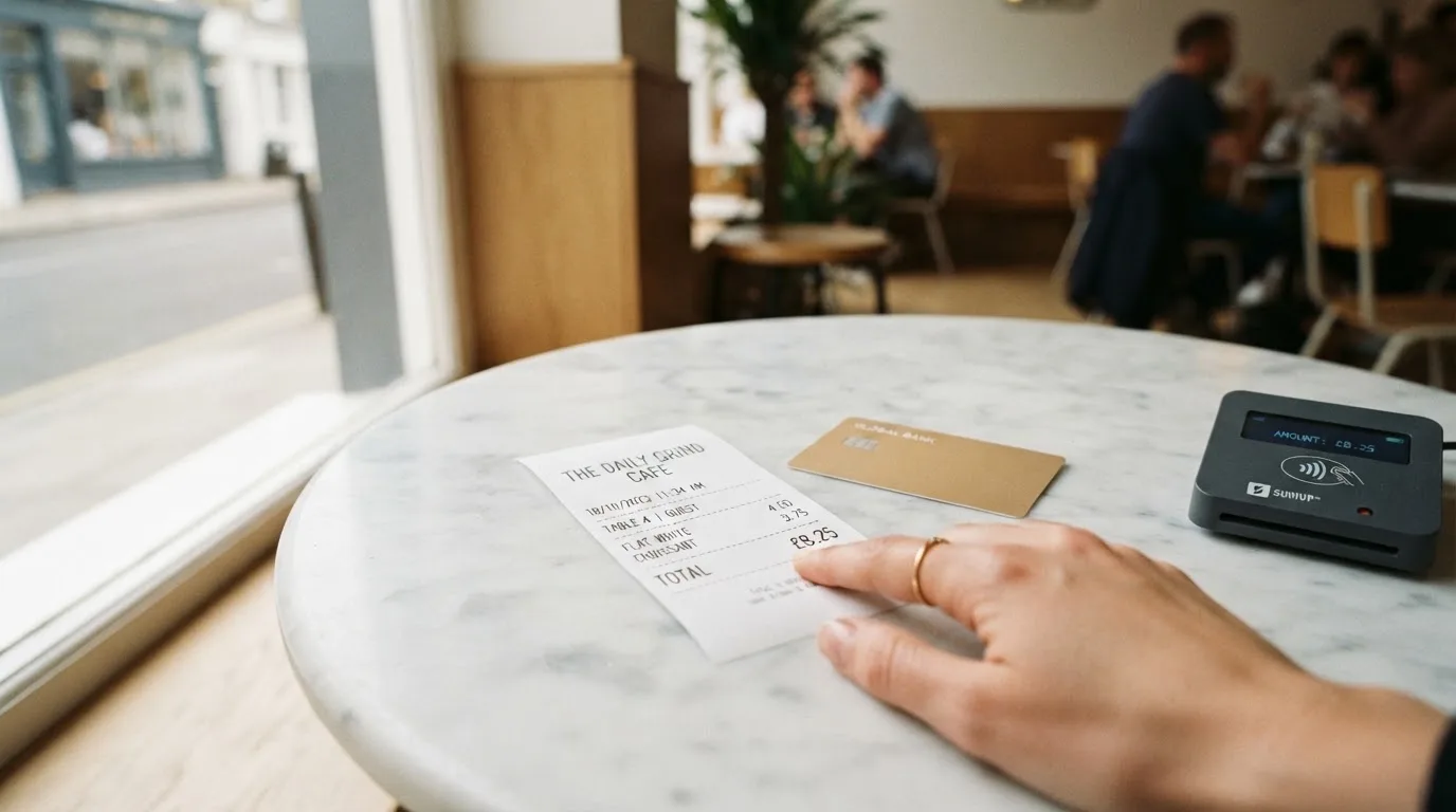 A receipt and a card on a café table