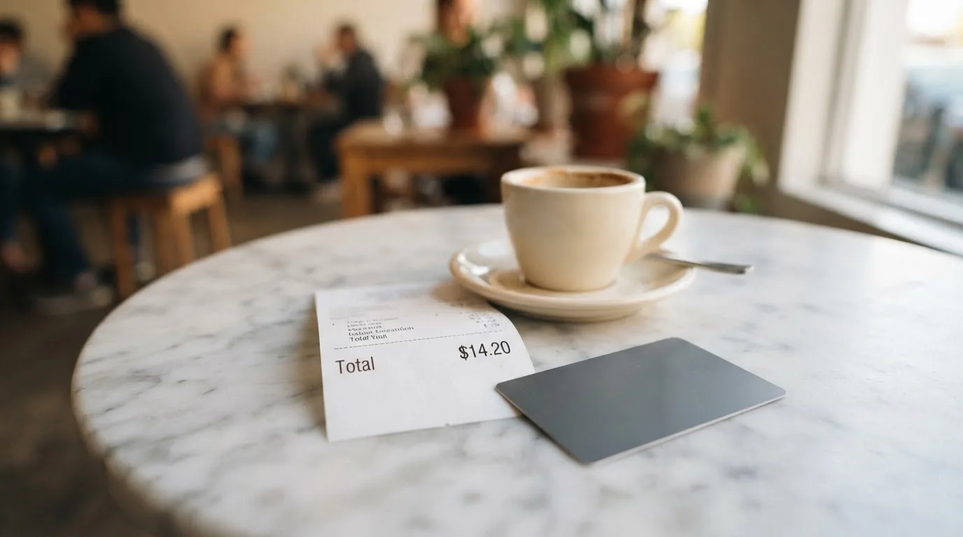 A receipt and a card on a café table