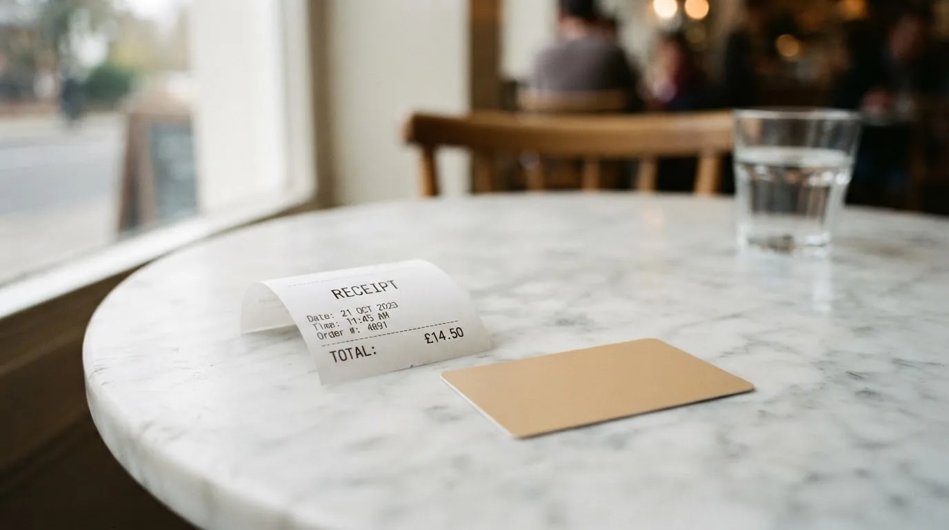 A receipt and a card on a café table