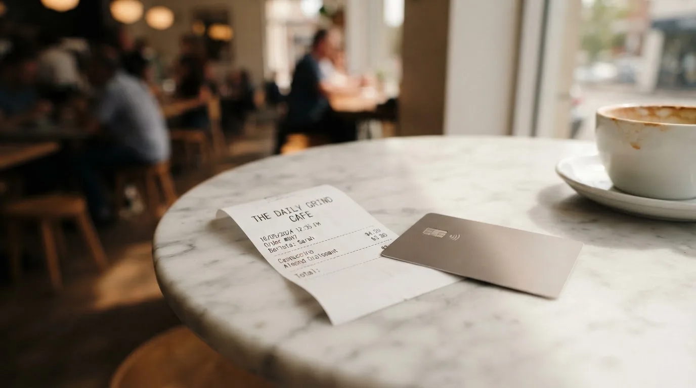 A receipt and a card on a café table