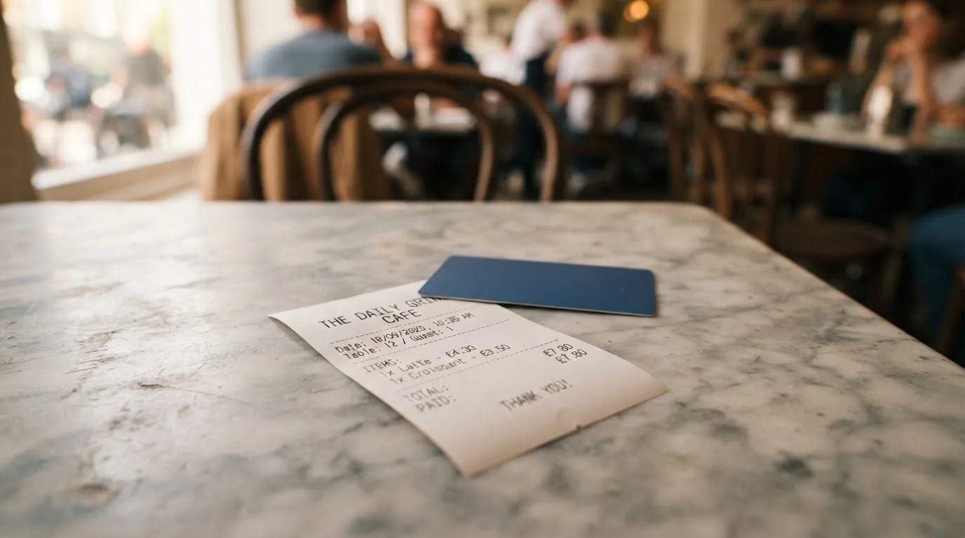 A receipt and a card on a café table