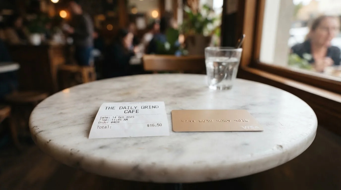 A receipt and a card on a café table