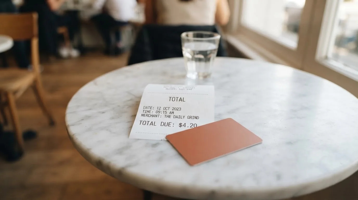 A receipt and a card on a café table