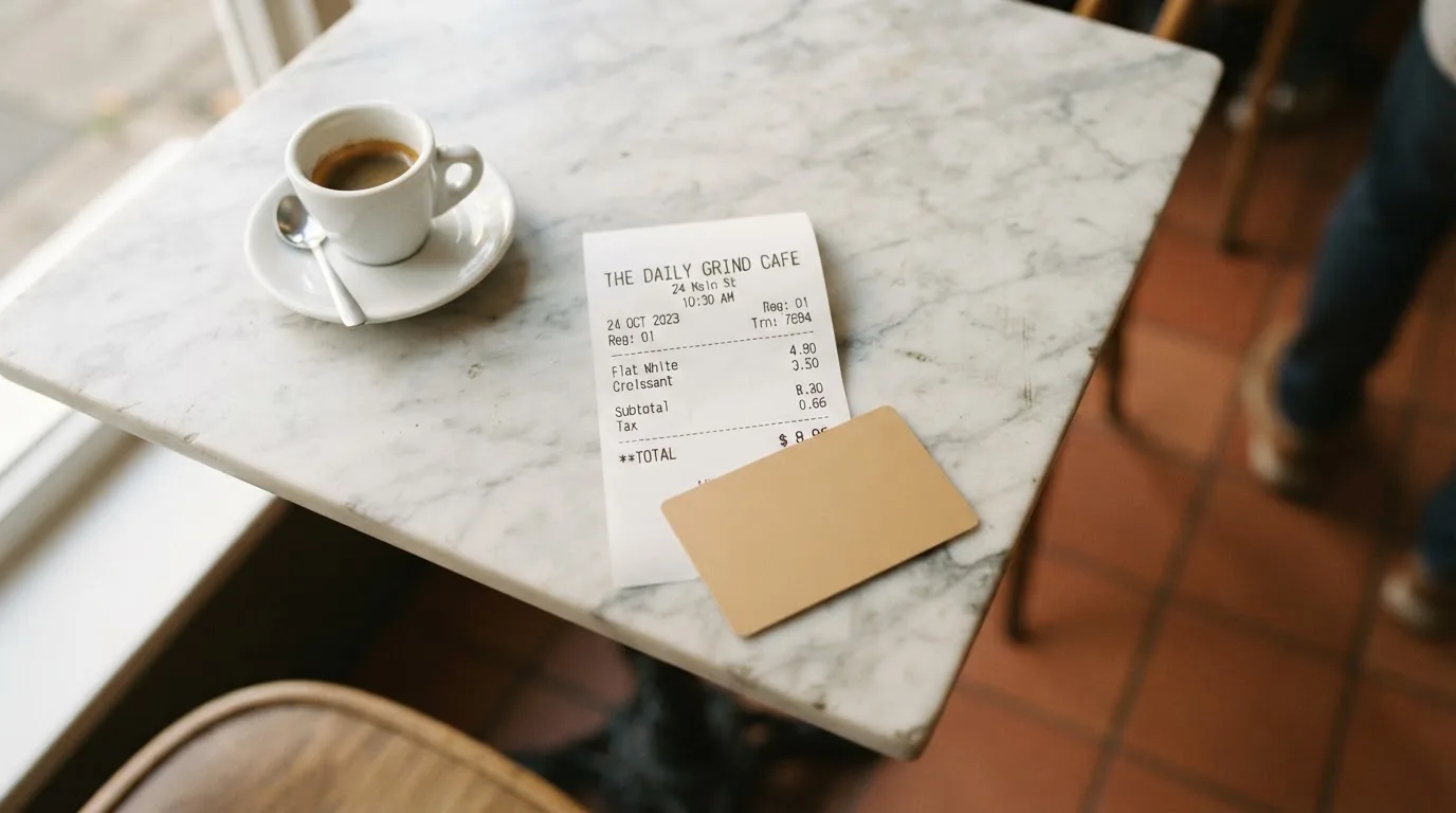 A receipt and a card on a café table