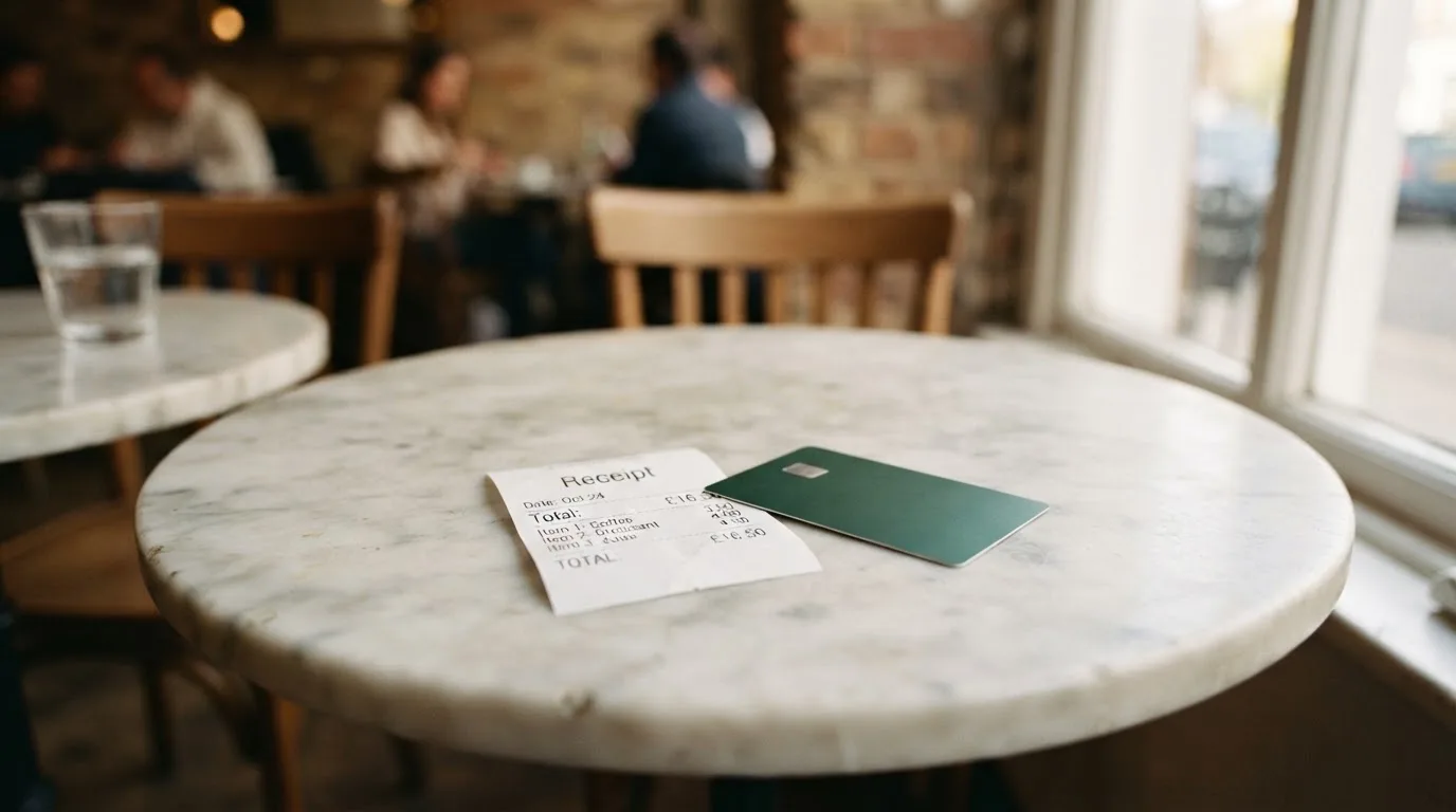 A receipt and a card on a café table