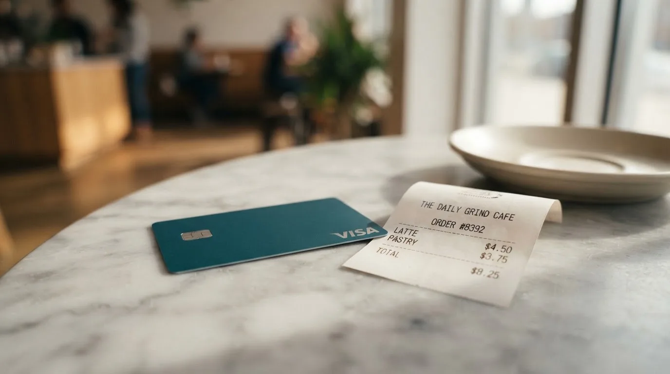 A receipt and a card on a café table