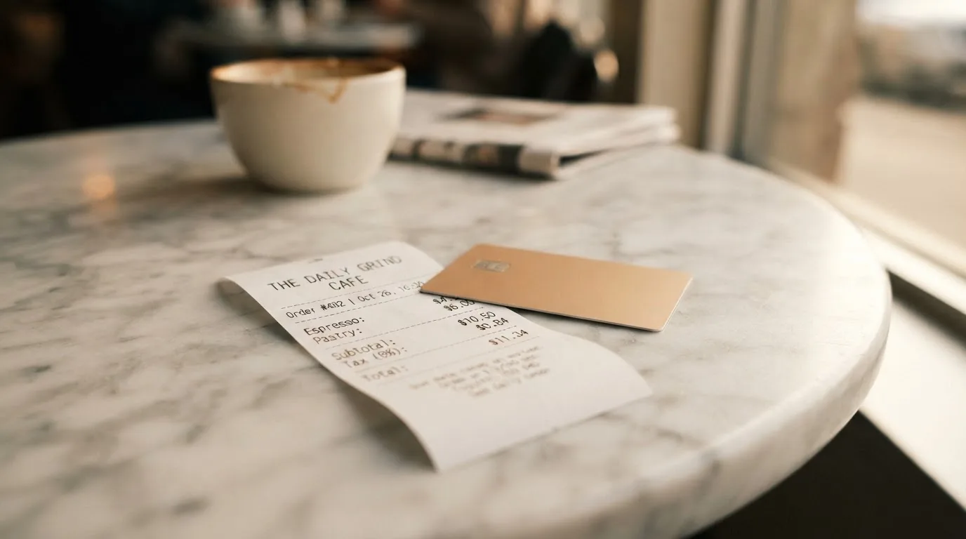 A receipt and a card on a café table
