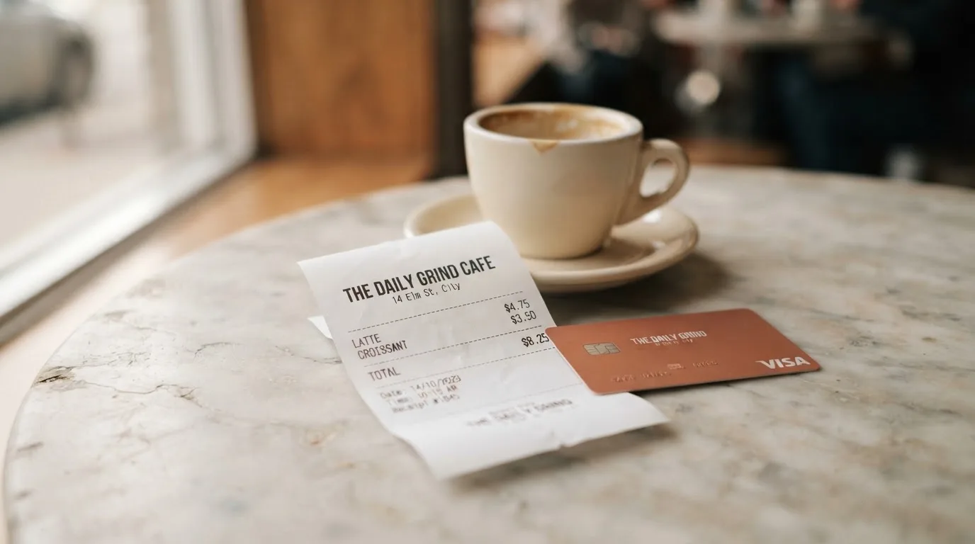 A receipt and a card on a café table