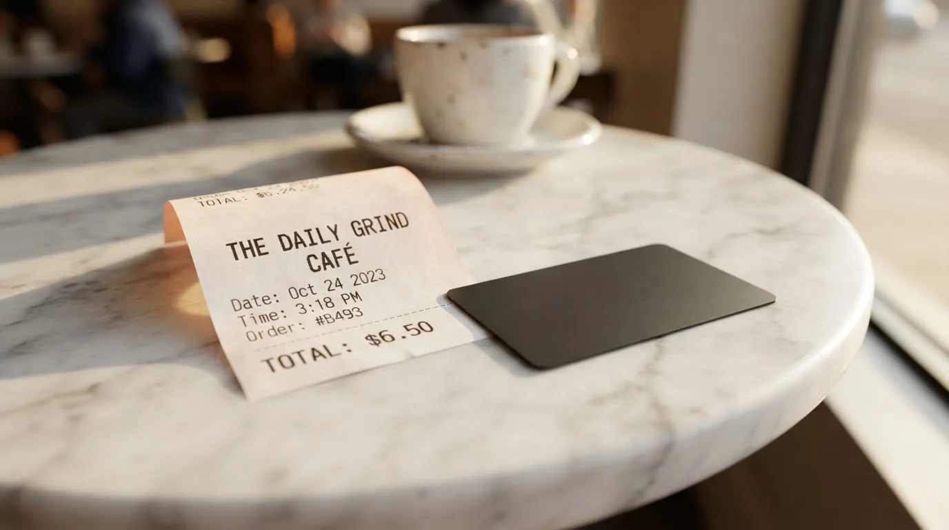 A receipt and a card on a café table