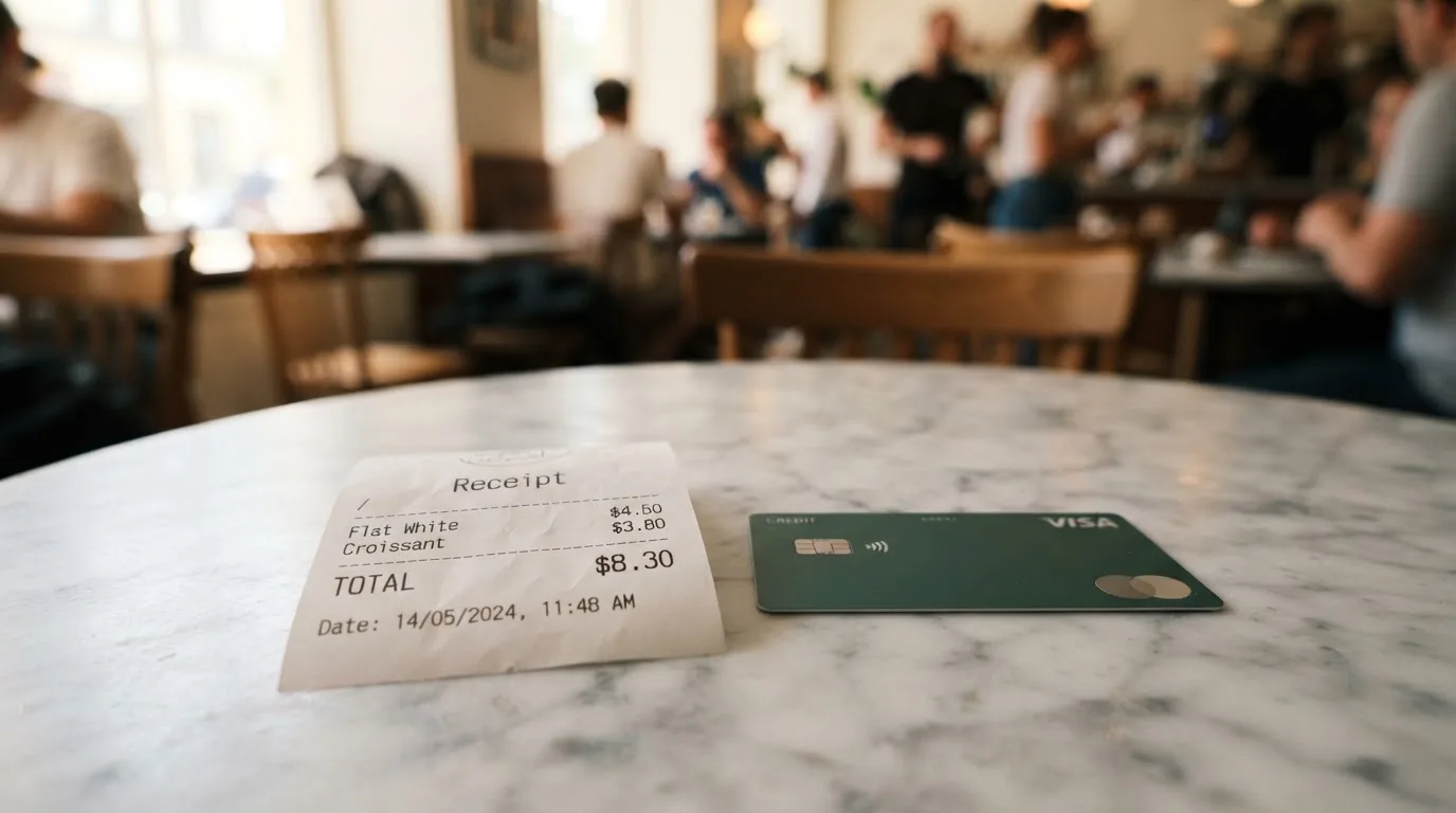 A receipt and a card on a café table