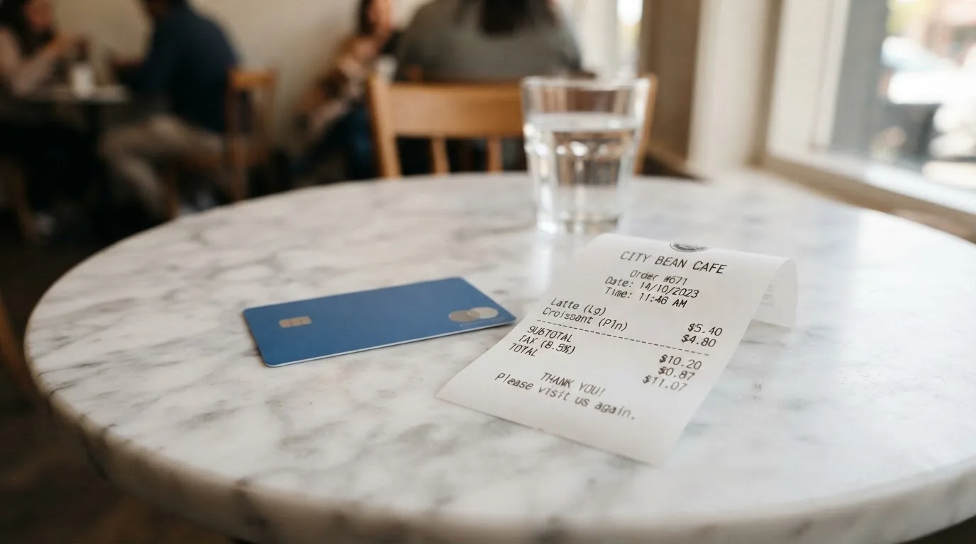 A receipt and a card on a café table