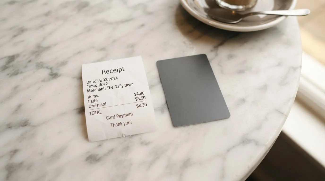 A receipt and a card on a café table