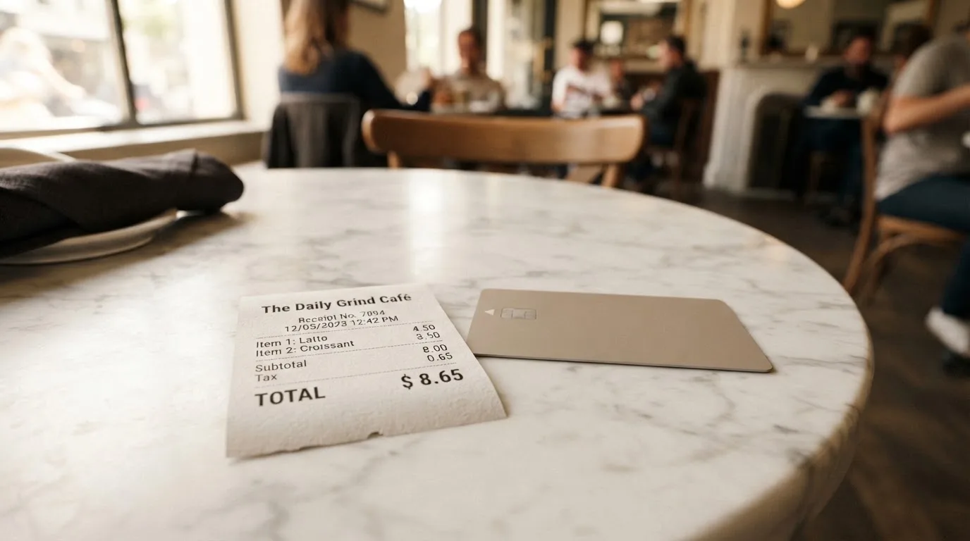 A receipt and a card on a café table