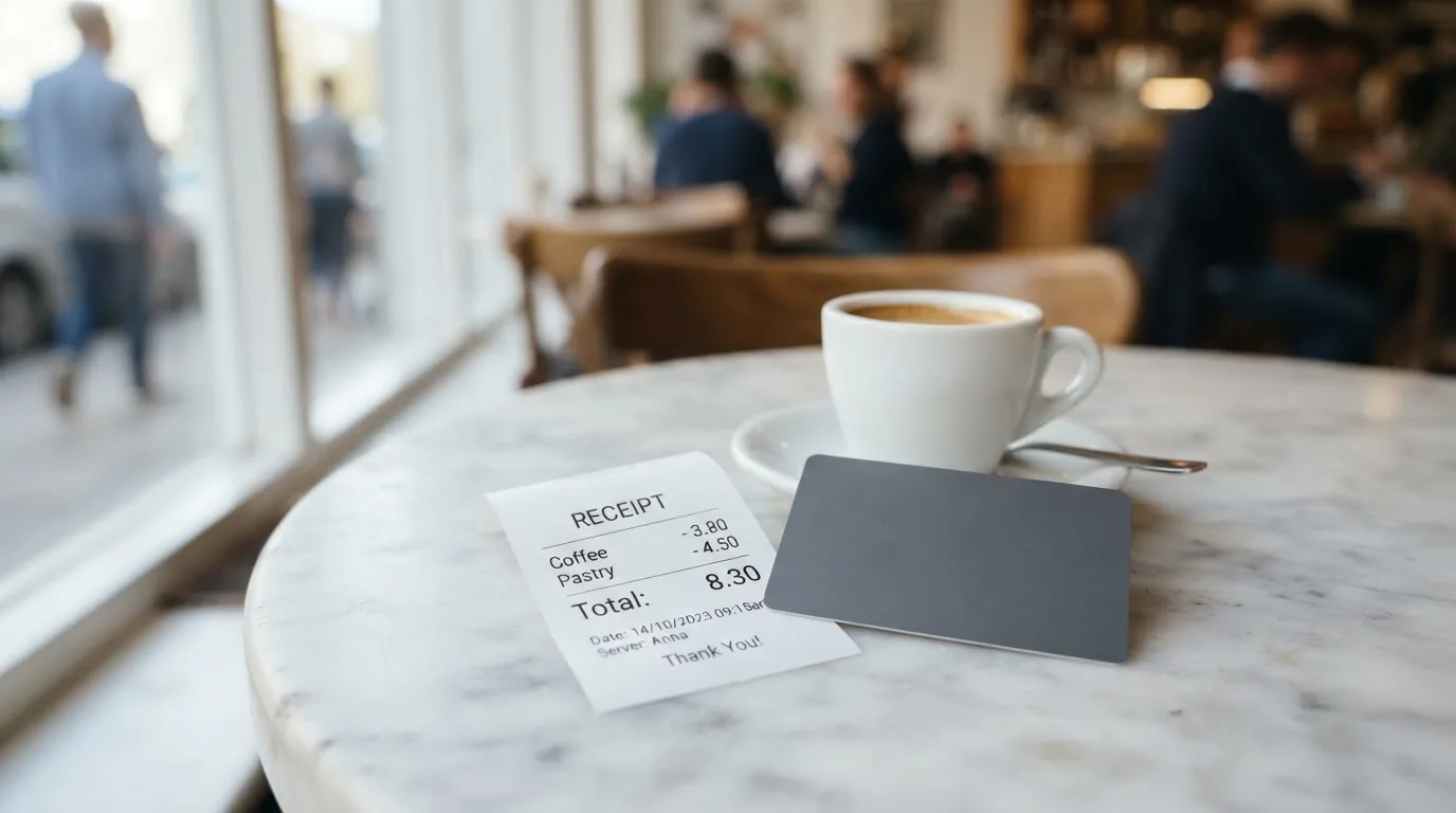A receipt and a card on a café table