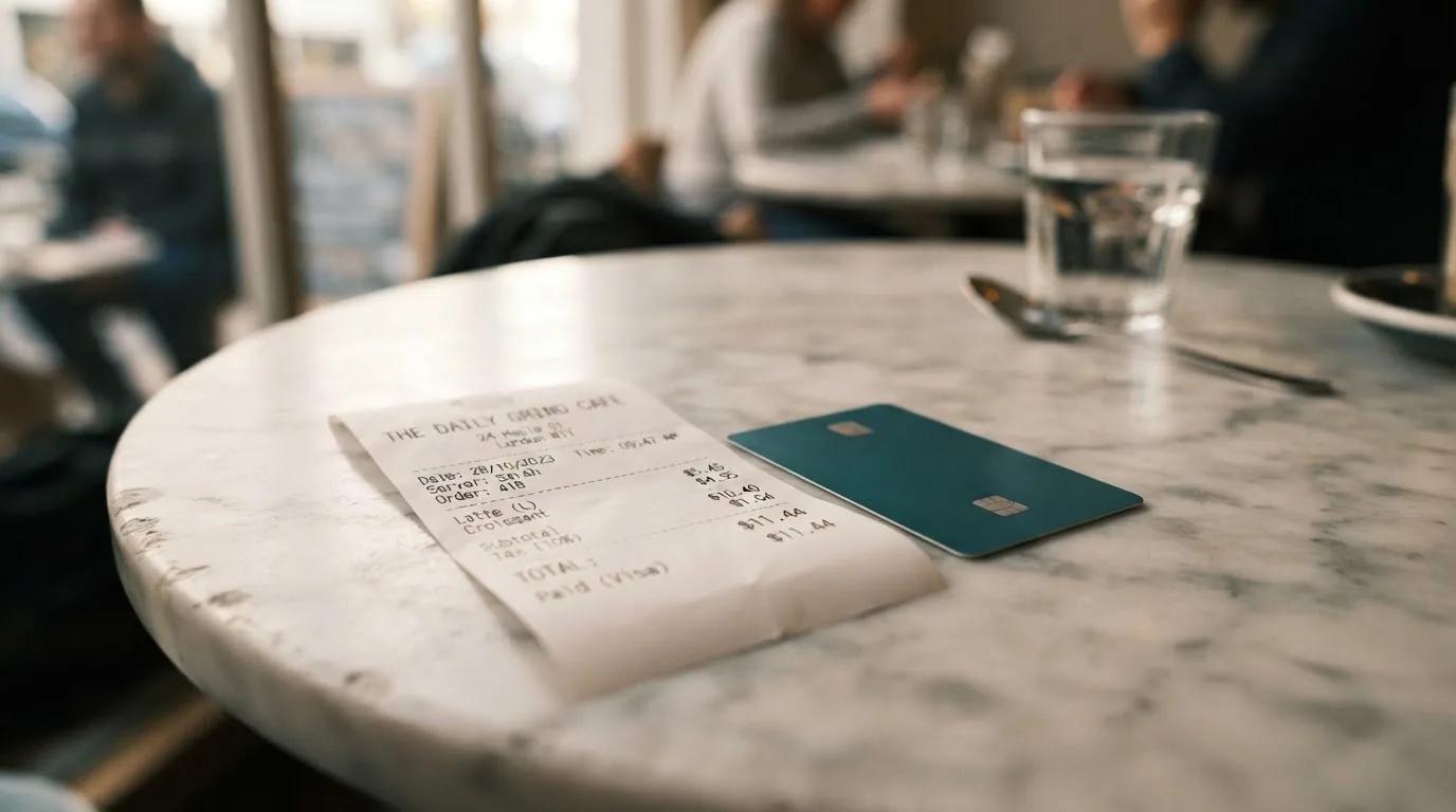 A receipt and a card on a café table