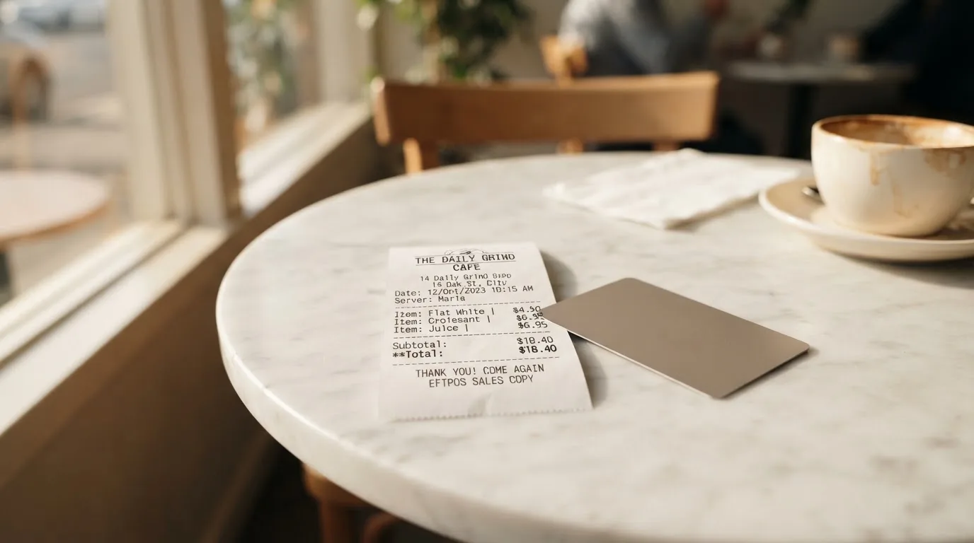 A receipt and a card on a café table