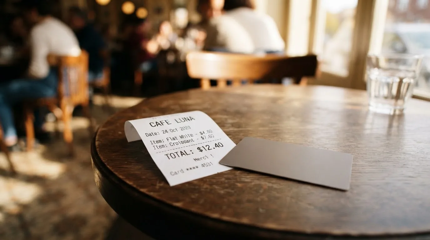 A receipt and a card on a café table