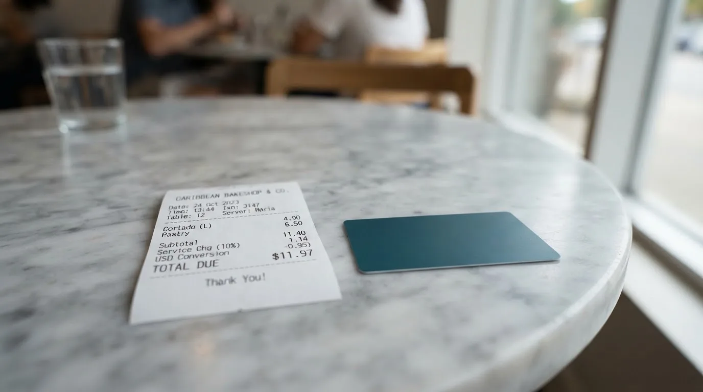 A receipt and a card on a café table