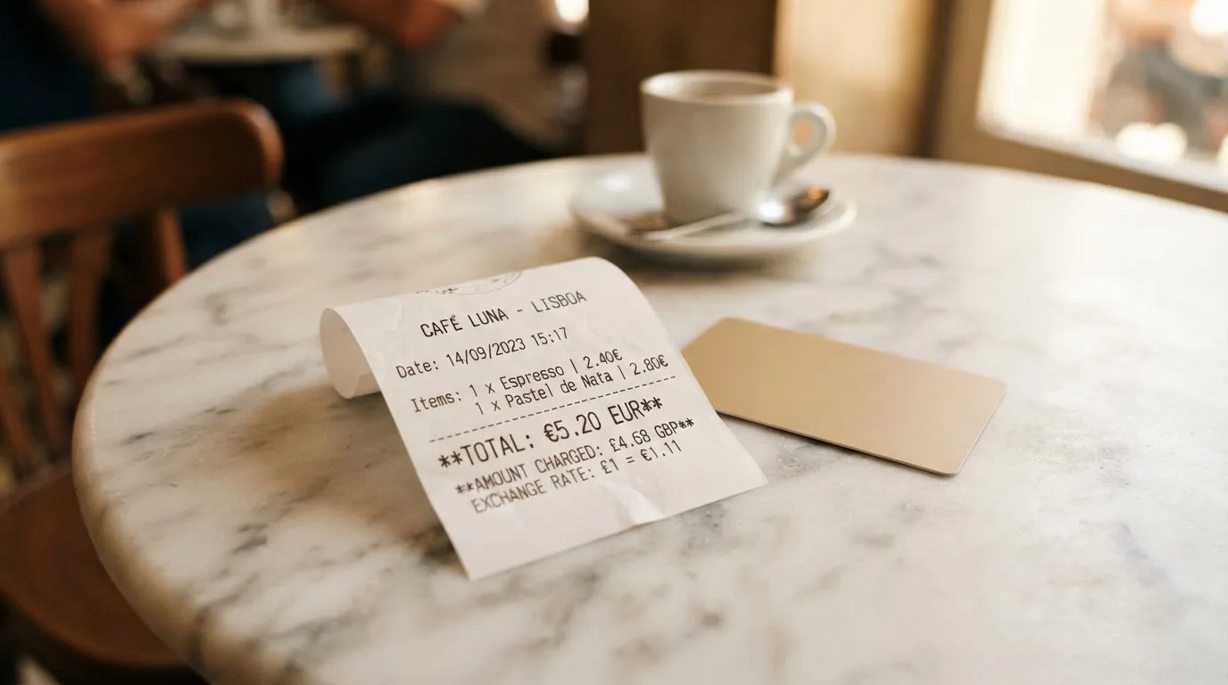 A receipt and a card on a café table