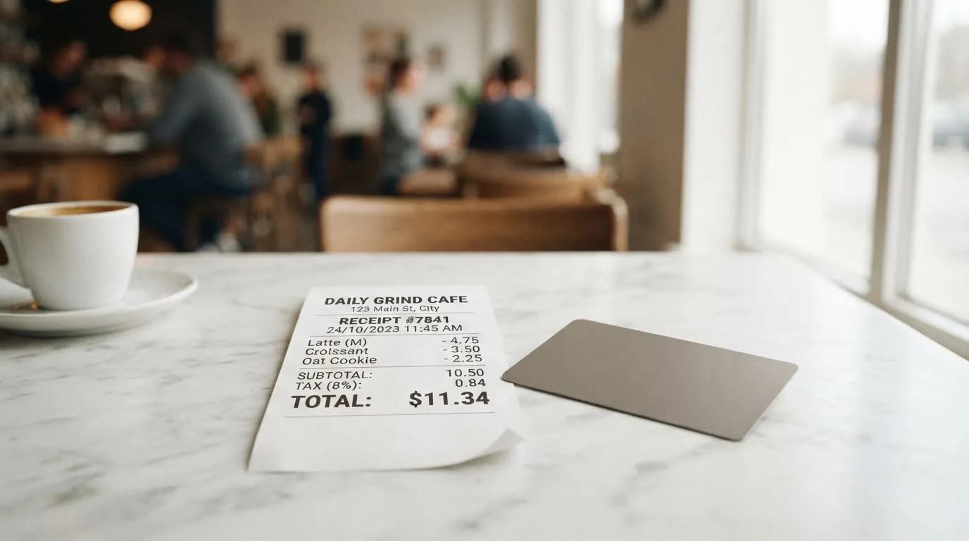 A receipt and a card on a café table