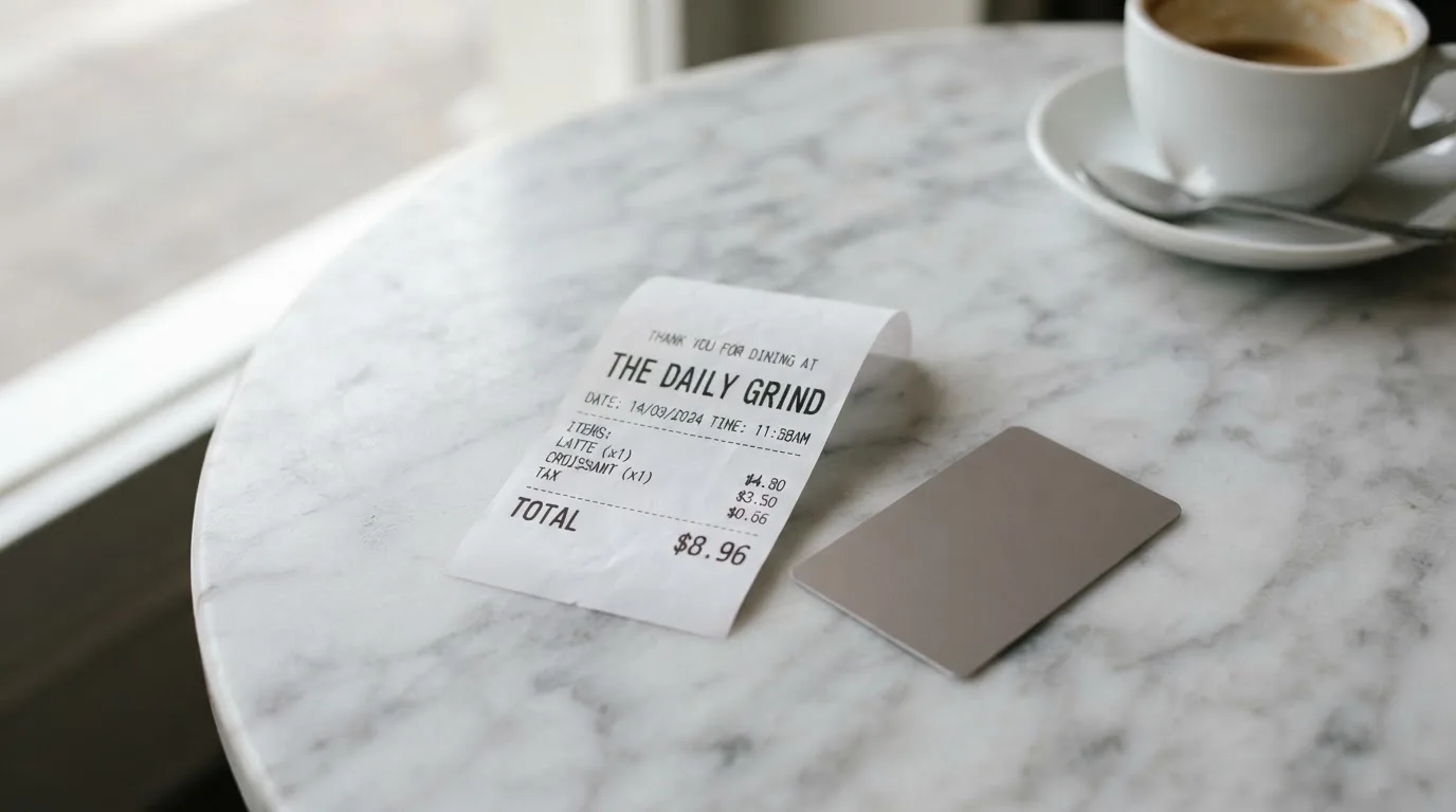 A receipt and a card on a café table