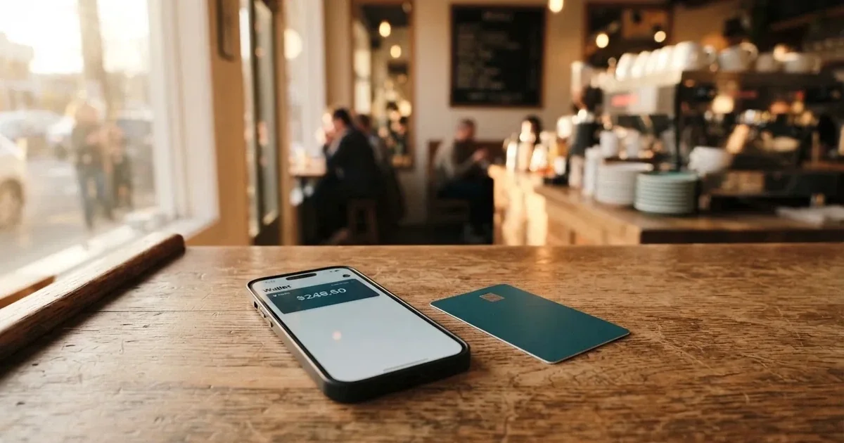 A payment card next to a phone with a crypto wallet app open