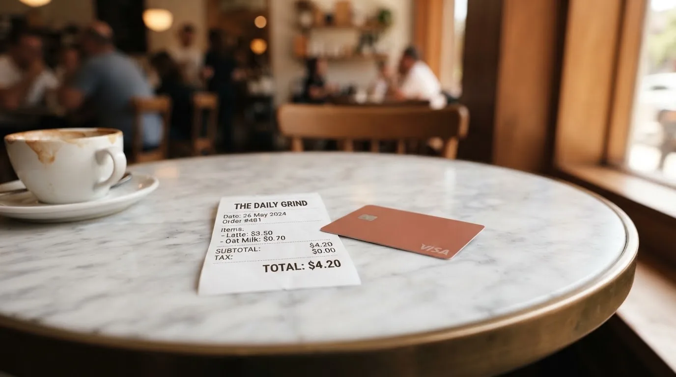 A receipt and a card on a café table