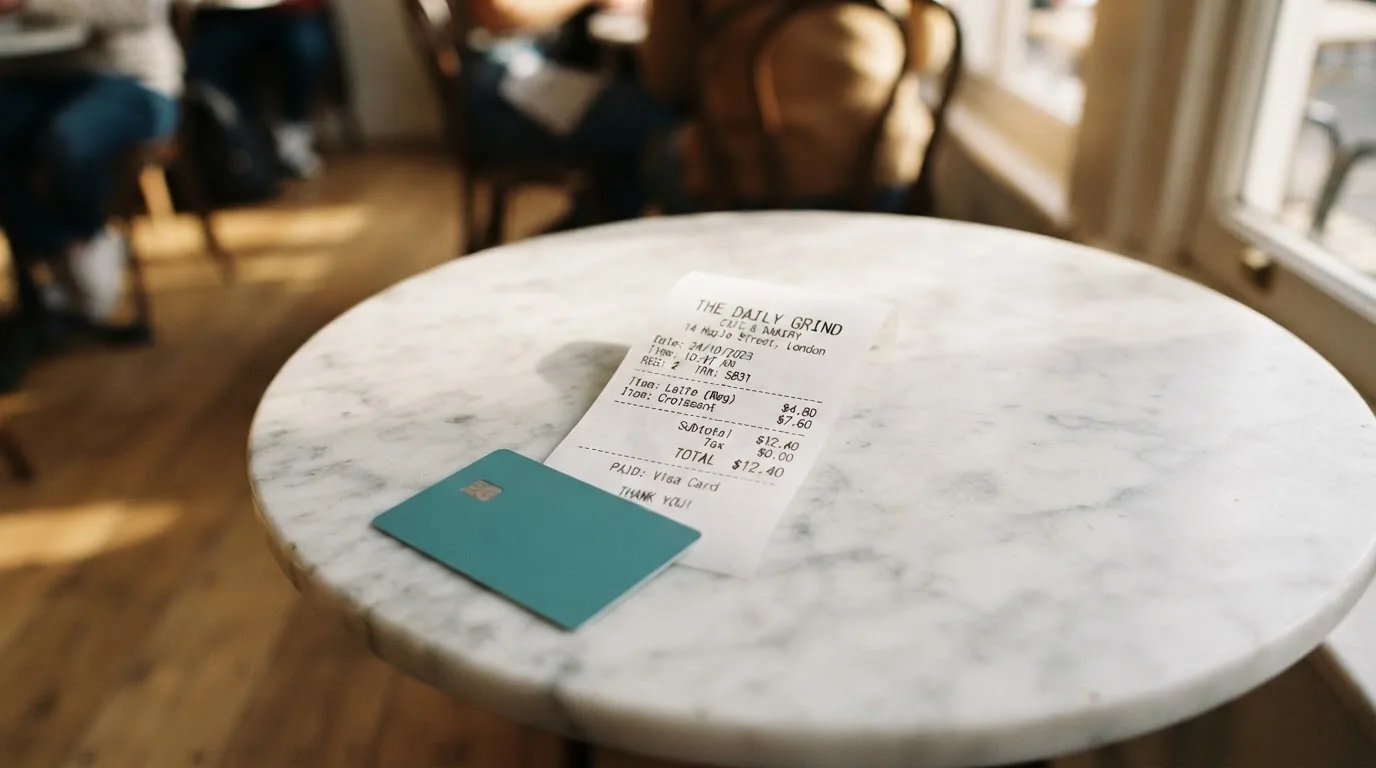 A receipt and a card on a café table