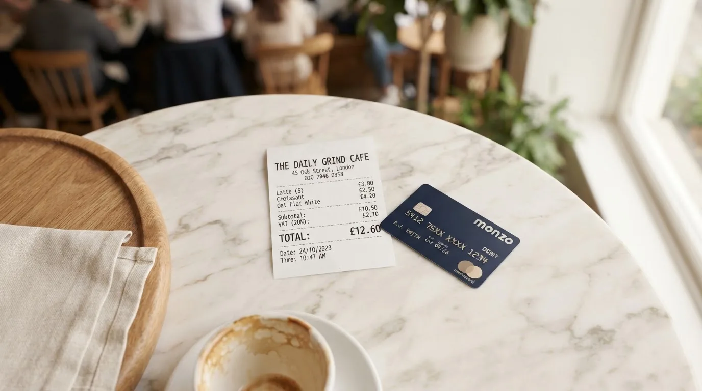 A receipt and a card on a café table
