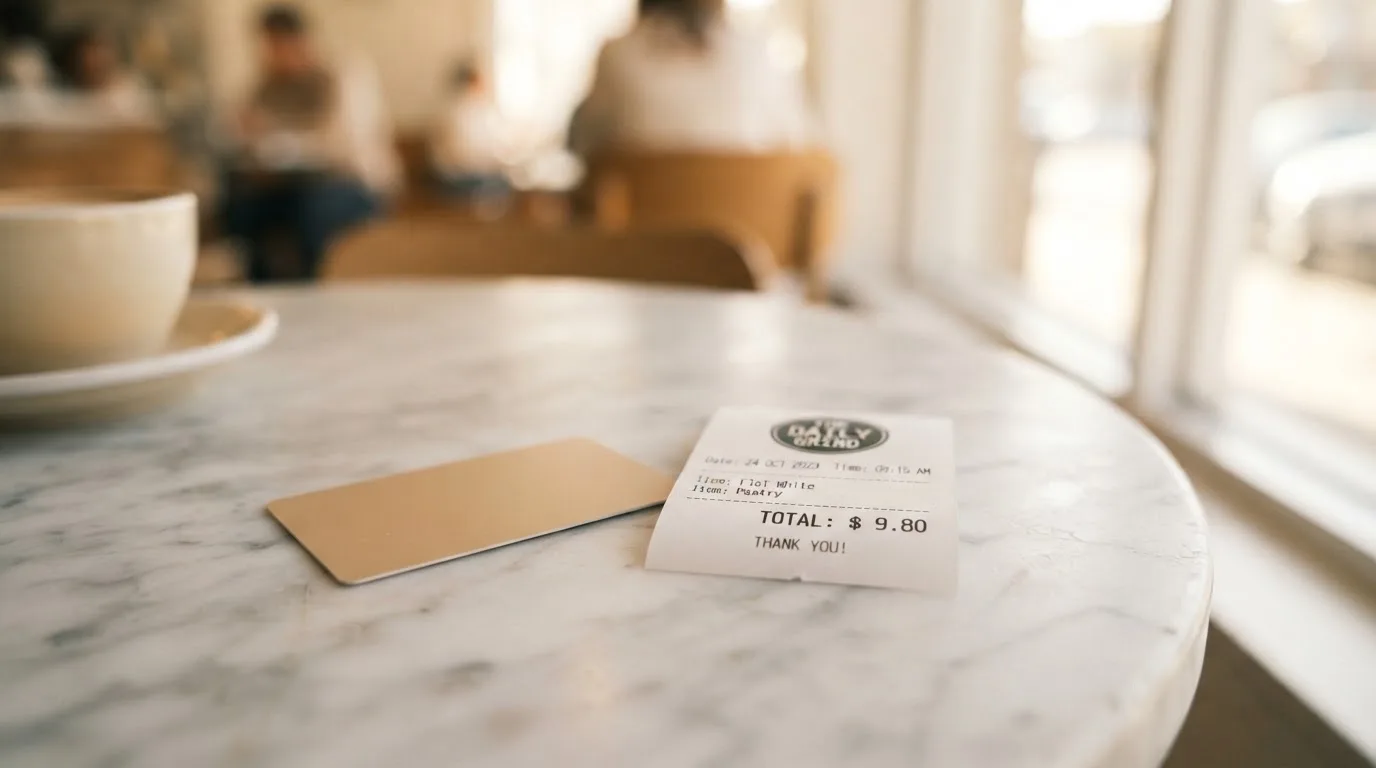 A receipt and a card on a café table